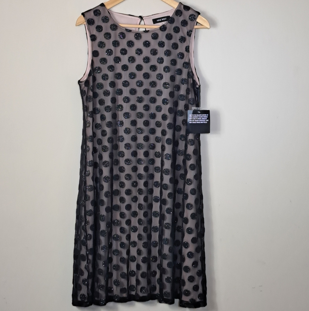 Nine West Black Polka Dot Sheer Sleeveless Knee Length Shift Dress SZ 12